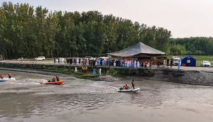 An image form a mock rescue exercise in the Kabul River organised by the district administration on July 4, 2025. &mdash; Screengrab via Facebook@DCCharsaddaofficial