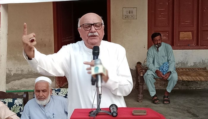 Awami National Party (ANP) Khyber Pakhtunkhwa president Mian Iftikhar Hussain addresses a gathering in Nowshera on July 3, 2025. &mdash; Facebook@MianIftikharHus