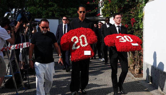 Liverpool&rsquo;s captain Virgil van Dijk and Liverpool&rsquo;s player Andrew Robertson arrive on the day of the funeral ceremony of Liverpool&rsquo;s Portuguese soccer player Diogo Jota and his brother Andre Silva, who died in a car crash near Zamora, Spain, near the Chapel of the Resurrection, in Gondomar, Portugal, July 5, 2025.&mdash;Reuters