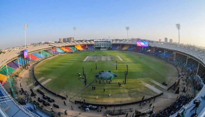 An aerial view ahead of the inauguration ceremony of the newly renovated National Bank Stadium in Karachi. &mdash; Facebook/@PakistanCricketBoard