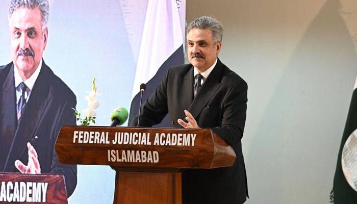 Chief Justice of Pakistan (CJP) Justice Yahya Afridi addressing the participants of a National Symposium on International Day for Judicial Wellbeing organised at the Federal Judicial Academy Islamabad on July 25, 2025. — PID