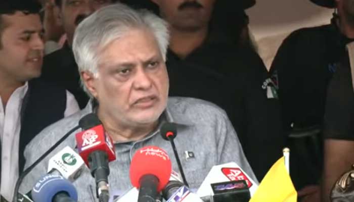 Deputy Prime Minister and Foreign Minister Ishaq Dar is addressing a rally in connection with Youm-e-Istehsal in Islamabad on August 5, 2025. — Screengrab via Geo News