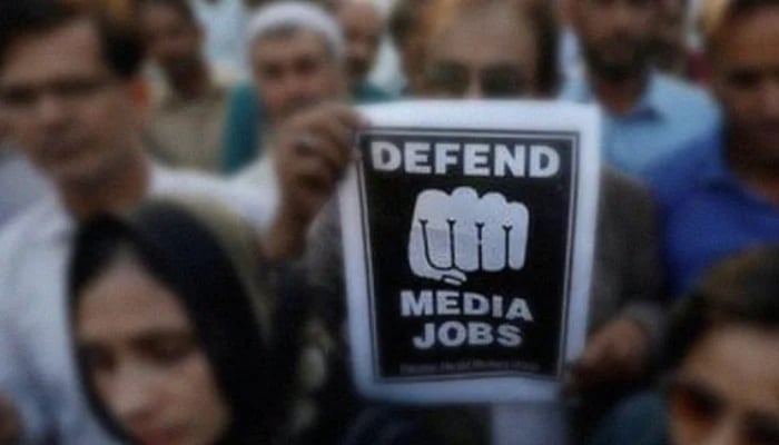 The representational image shows journalists chanting slogans during a protest in Karachi. — Reuters/File