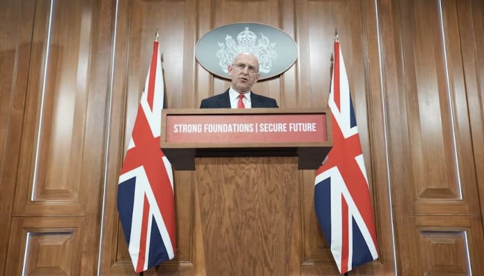 British Defence Secretary John Healey delivers a speech on how the UKs defence industry is delivering growth and national renewal across the UK, at No 9 Downing Street in central London. Picture date: Wednesday November 19, 2025.  — Reuters/