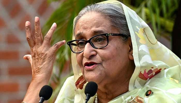 Ousted Prime Minister Bangladesh, Sheikh Hasina Wajid, gestures while speaking to the media, a day after she won the 12th parliamentary elections, in Dhaka on January 8, 2024. — AFP