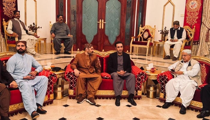 PPP Chairman Bilawal Bhutto Zardari (centre right) sits during condolences over the demise of the mother of PPP MNA Ali Gohar Khan Mahar on November 19, 2025. —  Facebook@Bilawalhouse