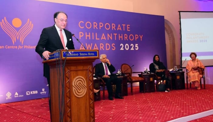 Minister for Finance Muhammad Aurangzeb addressing the launch and award ceremony of the Corporate Philanthropy Report 2024 on November 19, 2025. — PID