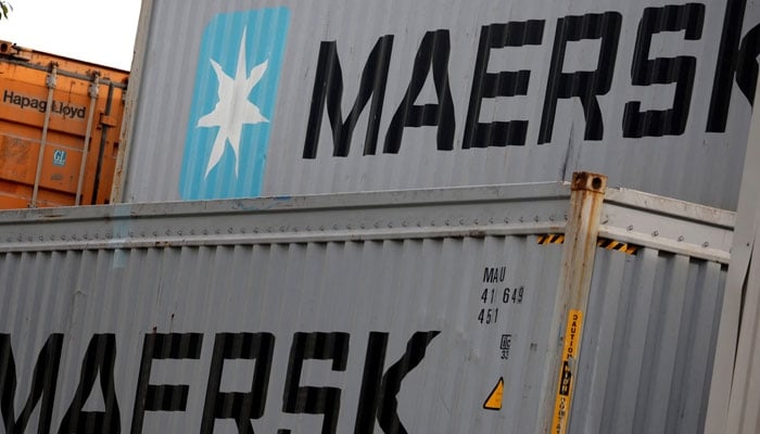 Maersks logo is seen in stored containers at Zona Franca in Barcelona, Spain, November 3, 2022. —Reuters