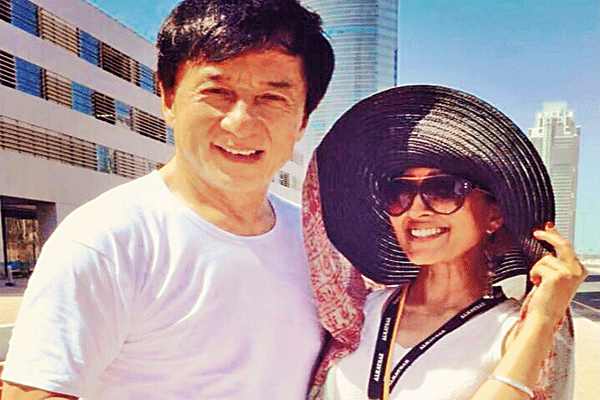 Mariam Azmi with Jackie Chan on the sets of Kung Fu Yoga in Dubai.