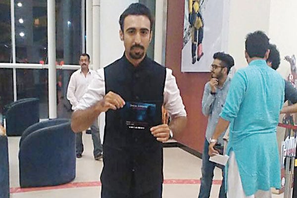 Actor Bilal Yousufzai, who essays the role of Raheel in the film, at the Karachi premiere of Aksbandh.