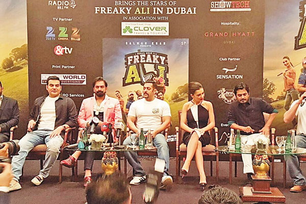 The three brothers, Arbaz Khan, Salman Khan and Sohail Khan, with Freaky Ali’s cast including Nawazuddin Siddiqui.