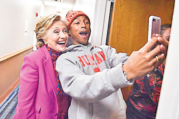 Trump wins: Support from Hollywood couldn’t turn things around for Hillary Clinton, seen here with Pharrell Williams.