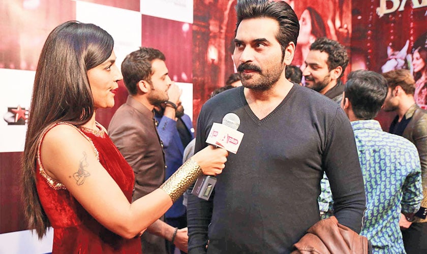 Spotted: Humayun Saeed speaking to media at the premiere of Balu Mahi.