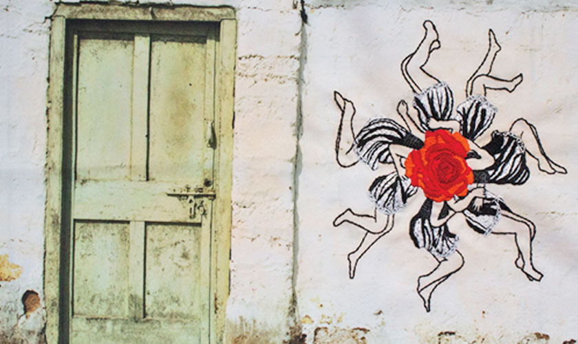 Sleeping girls on the wall (Needlework on inkjet on canvas)