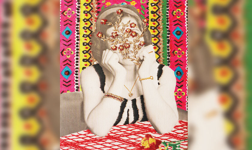 She loves to pose (Needle work, beads, marker and acrylic on inkjet on canvas)