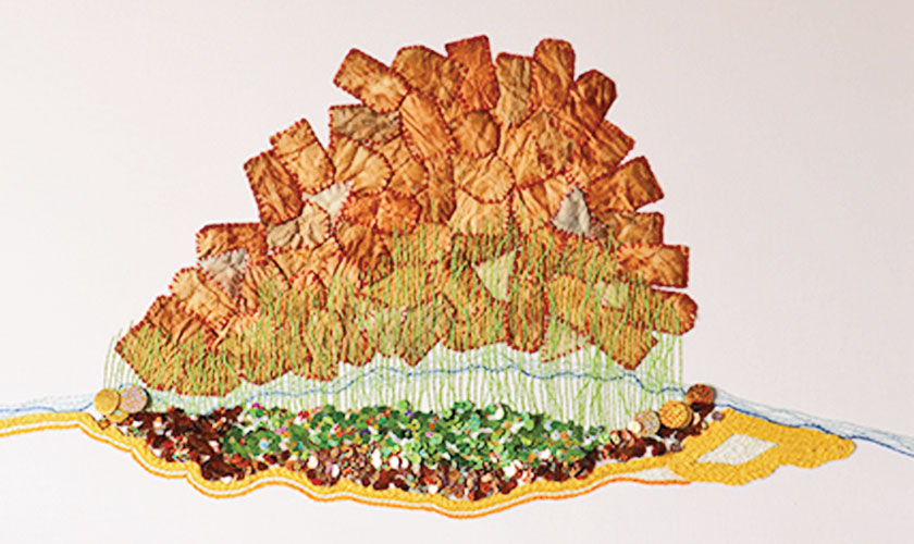 The rock on the beach (Needlework, used teabags and sequins on canvas)