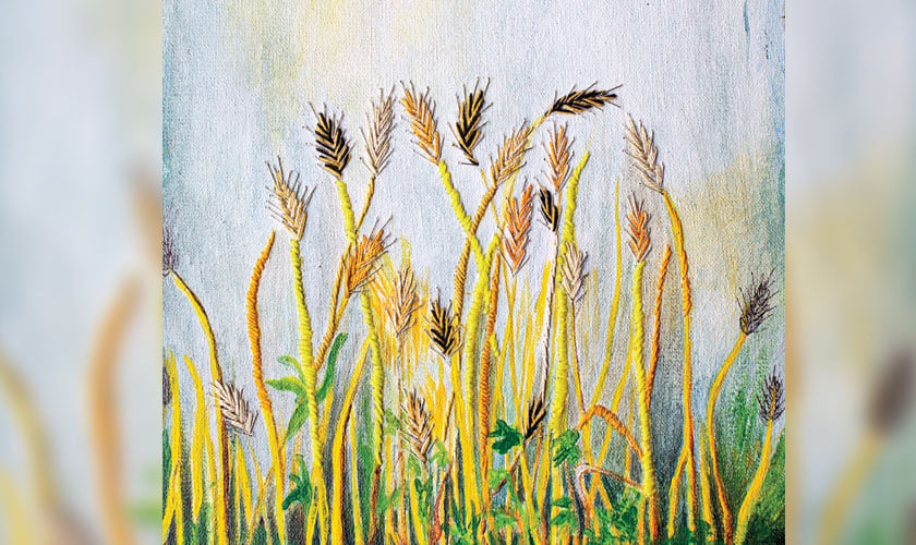 A field is what I saw (Needlework, beads and acrylic on canvas)