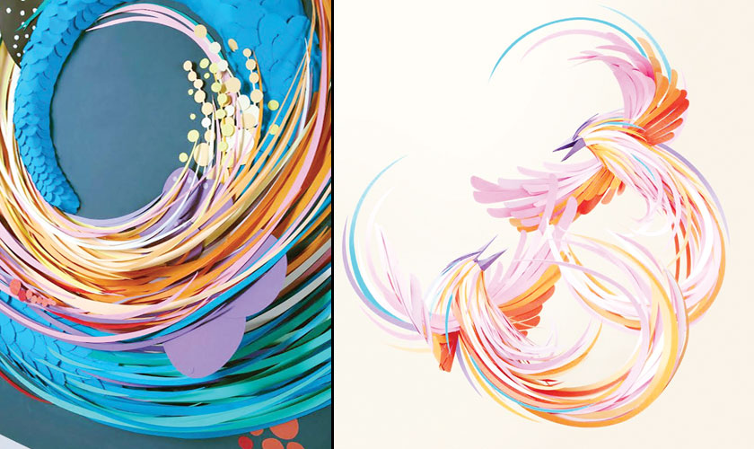 Vibrant paper strips swirl into energetic circles of scales and feathers