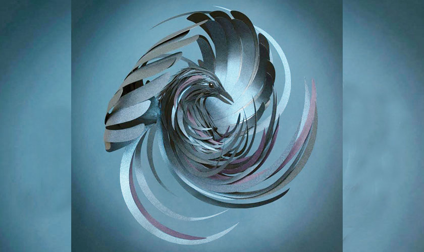 Vibrant paper strips swirl into energetic circles of scales and feathers