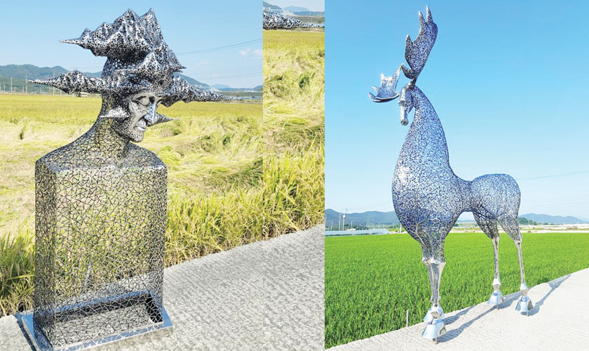 Complex networks of metallic branches shape animal sculptures