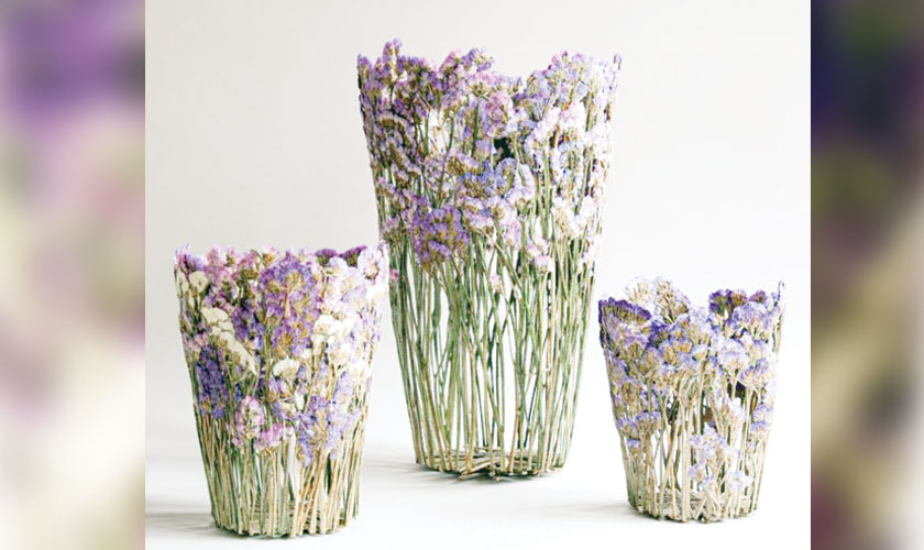 Dried and pressed flowers are molded into delicate sculptural vessels