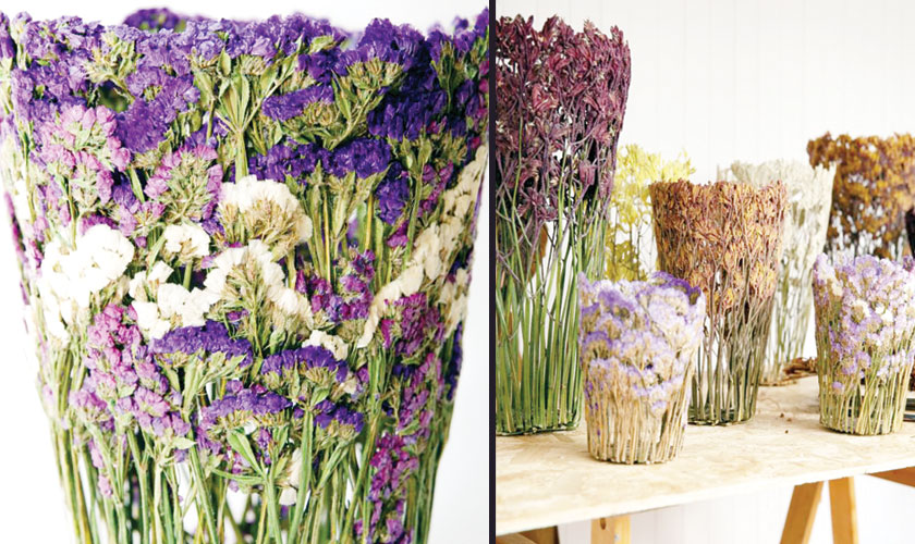 Dried and pressed flowers are molded into delicate sculptural vessels