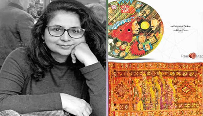 The artist (above) has a tendency to research and inform when creating work, like this tapestry of Terracotta Warriors (left) on Balochi/Sindhi fabric, and a fondness for public art, as seen in Karachi Biennale’s Reel On Hai (top right).