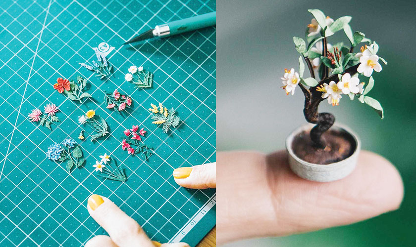 Impossibly small houseplants and basketry crafted from paper