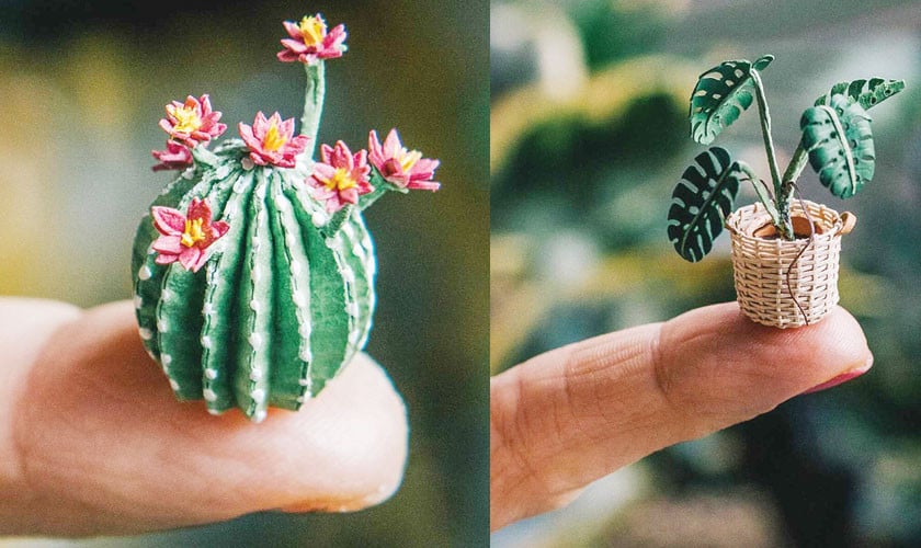 Impossibly small houseplants and basketry crafted from paper