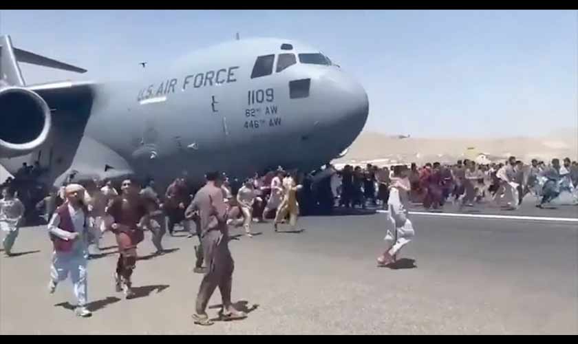 A US Air Force plane leaves a ravaged Afghanistan.