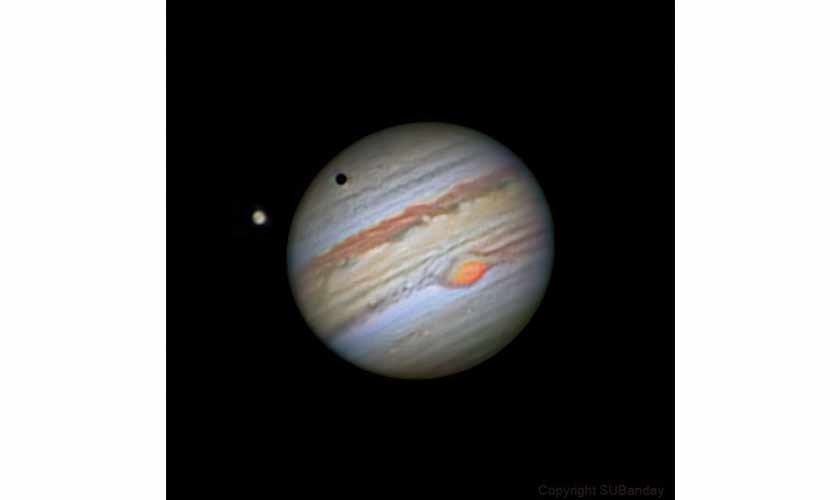 A solar eclipse on Jupiter as well as the Great Red Spot, both visible at the same time. Photo courtesy: Shoaib Usman.