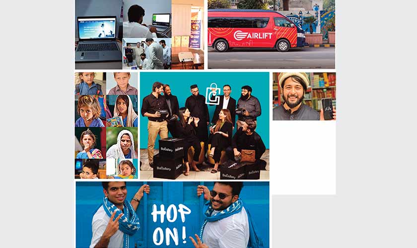 Clockwise from Top: Digital Dera at Pakpattan. — Images: Supplied; Airlift Express; a large platform for small merchants; Tazah founders; Truck It In’s founders;a digital curriculum and an online platform.Centre: Team Bagallery.