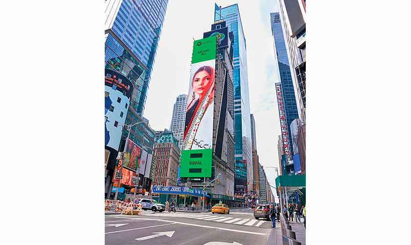 Mehak Ali on a Times Square billboard in New York for the month of April as part of Spotify’s Equal Pakistan initiative.