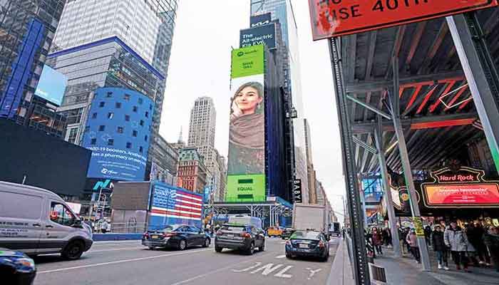 Equal Pakistan ambassador, seen in the image on a digital billboard at Times Square in New York. —Courtesy Spotify