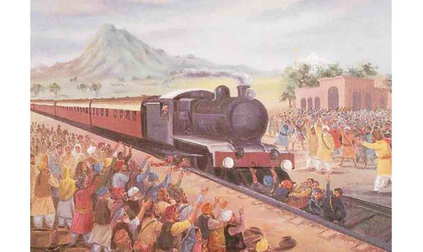 A painting depicting the event of Saka Panja Sahib at Hassanabdal Railway Station. Sikh volunteers risking their lives blocked a train carry Satyagrahis to serve Langar to them at Panja Sahib.