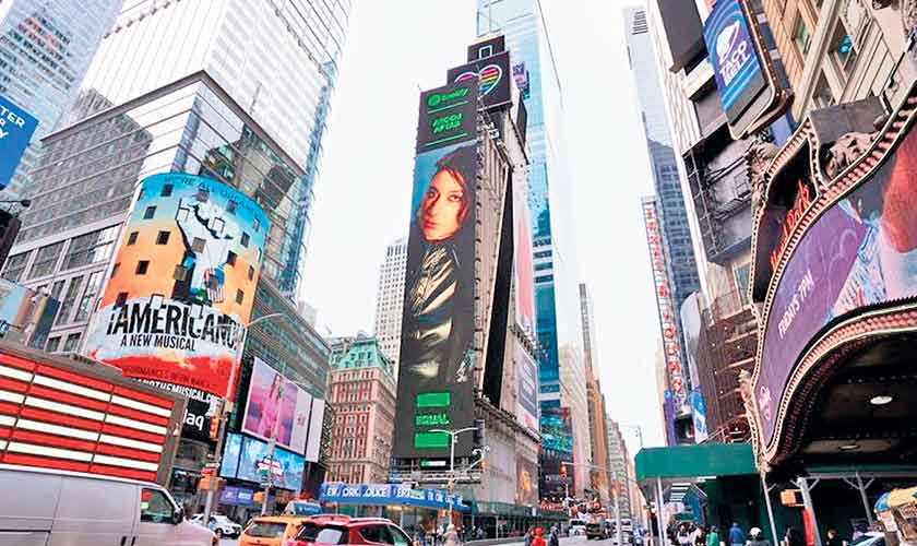 Arooj Aftab on a digital billboard in Times Square, New York as part of Spotifys EQUAL initiative