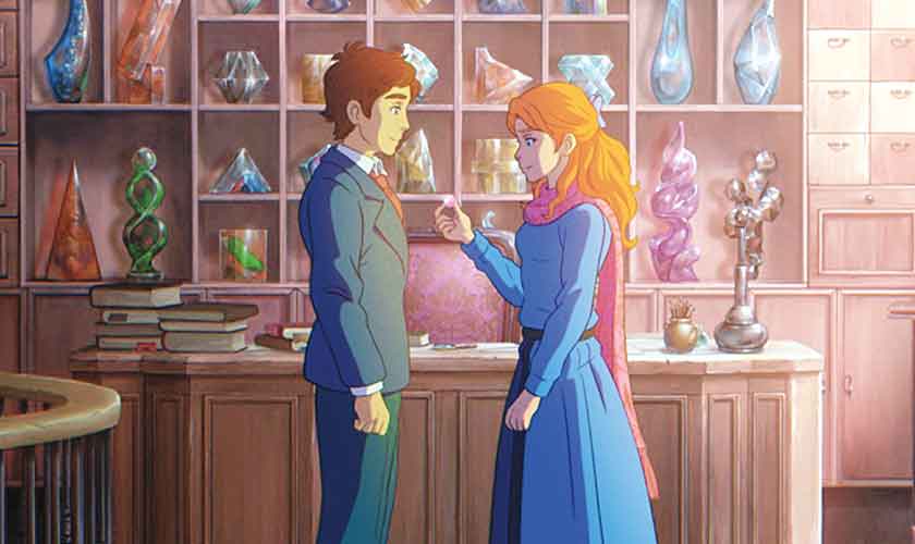 A still from the hand-drawn animated film, The Glassworker featuring lead characters: Vincent and Alliz.