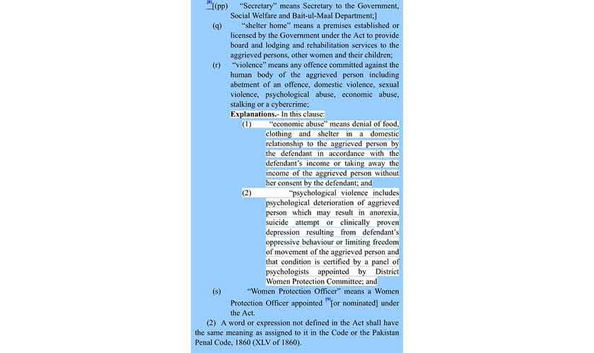 The Punjab Women’s Protection Act of 2016 clearly addresses economic abuse.