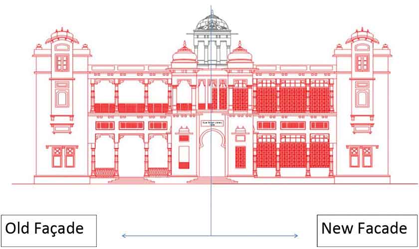 Comparison sketched between new and old façades. (Note the closed openings.)— Photos and drawings sourced from Ar. Rubab Chishti