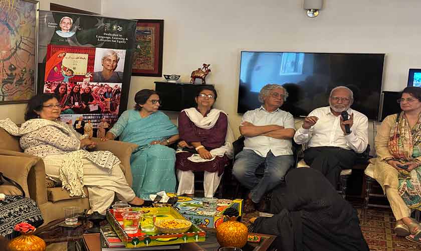 (Left to right) educationist Baela Jamil, paediatrician Dr Habiba Hasan, physics professor Gauri Lila Ram, journalist Ghazi Salahuddin, educationist Abbas Hussain, Humera Latif, Taxila Education City. (Photo by Beena Sarwar)