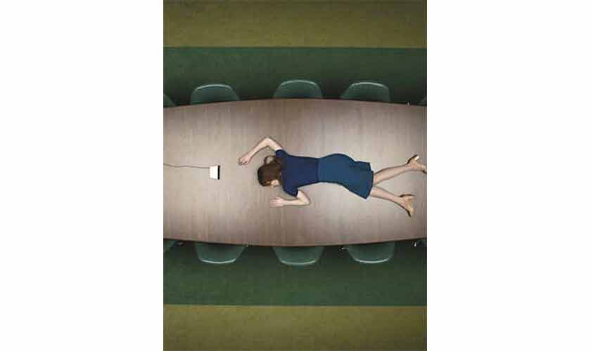 Helly R. wakes up lying in the middle of a conference table with a speaker talking to her. This is the birth of her innie persona which will retain no memory of her life outside of the workplace.