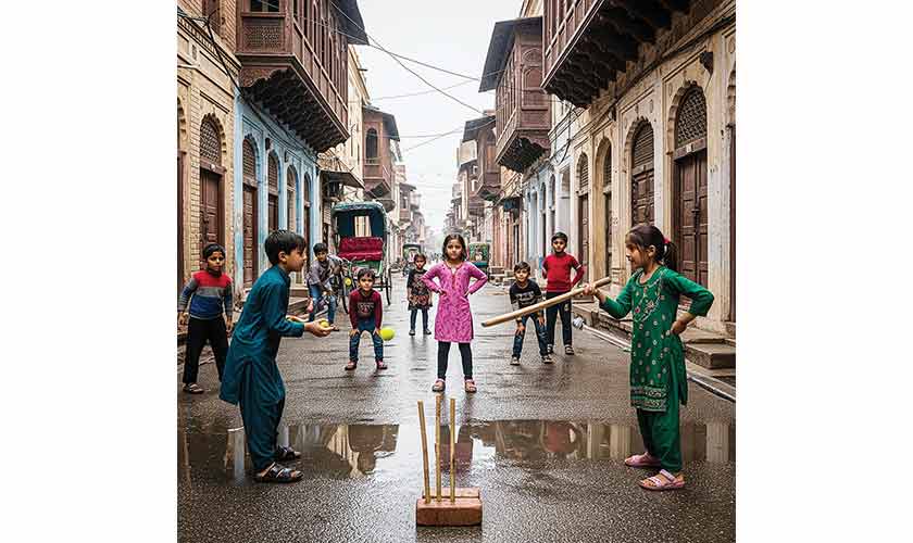 A sudden downpour turns the gully into a slip-and-slide. Suddenly an extra rule of puddle-dodging gets into play. — Image: AI