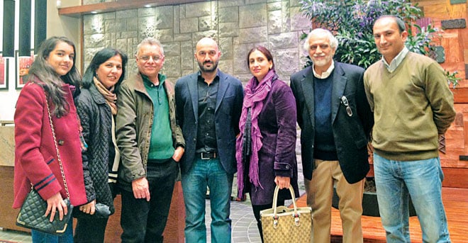 From left: Shamoon Sultan poses with the writer Aisha Jamil, architect Arshad Abdulla who designed the swanky stores in London and Rehan Syed, Shamoon’s Khaadi partner in Dubai