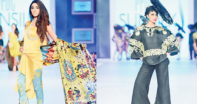 Left: Ali Xeeshan has a studio in Lahore and a spanking new one in Karachi but his fashion week drama continues to be available primarily through orders. Right: Shehla's inimitable saris, dupattas and capes can be purchased right off the rack from her studio; the fitted tunics and blouses have to be custom-made.