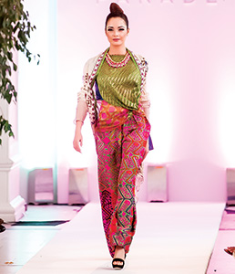 A colourful pattern-on-pattern ensemble by Faiza Samee