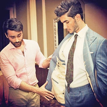 Omar Farooq styles a model in his Woolmark creation (above) and shares a sharp style statement with Fawad Khan (right). 