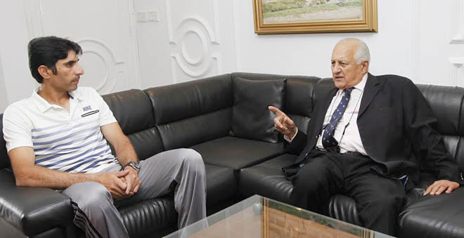 Pakistan cricket team Captain Misbah-ul-Haq (left) with the PCB Chief