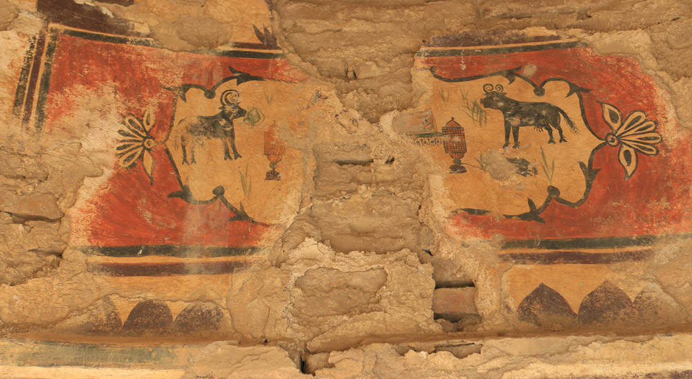 The badly vandalised domestic scene in the chhatri of Baksho Fakir.