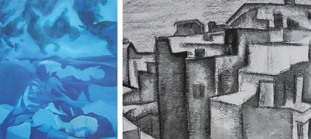 (Left to Right) Blue Feast #2, acrylic on canvas. Size 26x22 inch. View from the Rooftop, Mohalla Sethian, Lahore. Mixed media on paper. Size 14x10 inch.
