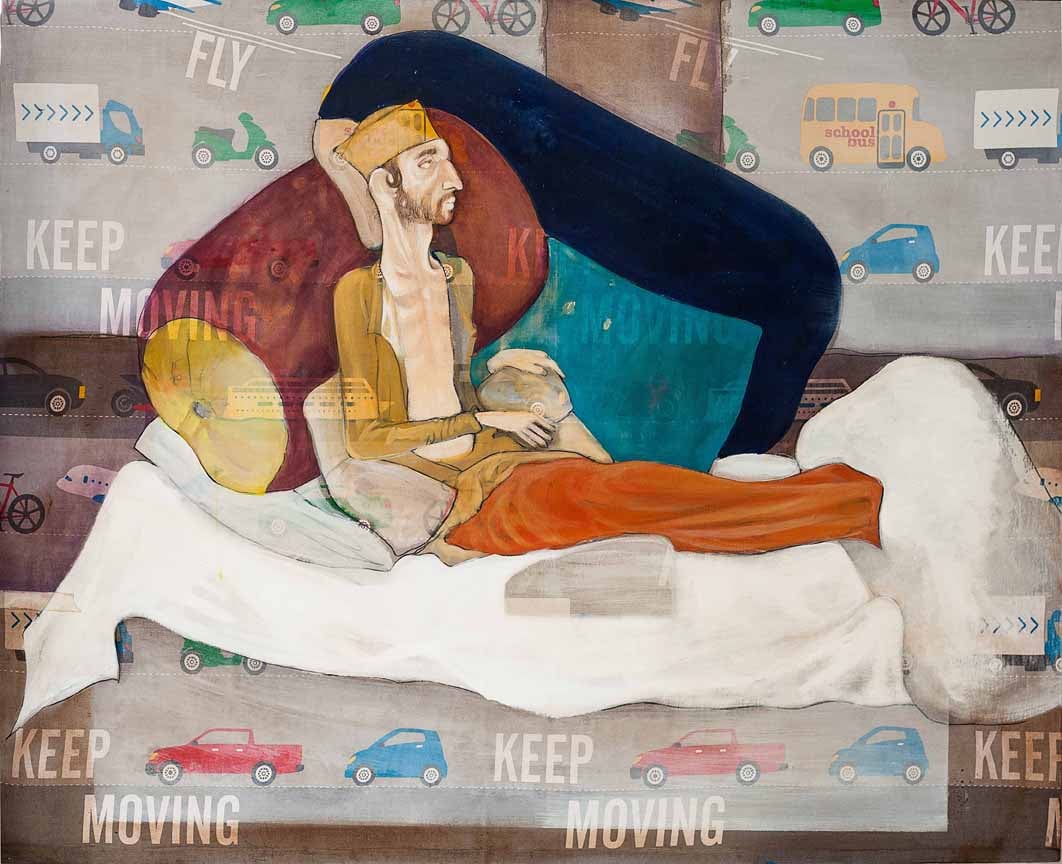 Keep moving acrylic on bed sheet 107 x 137 cm 2015 (1)